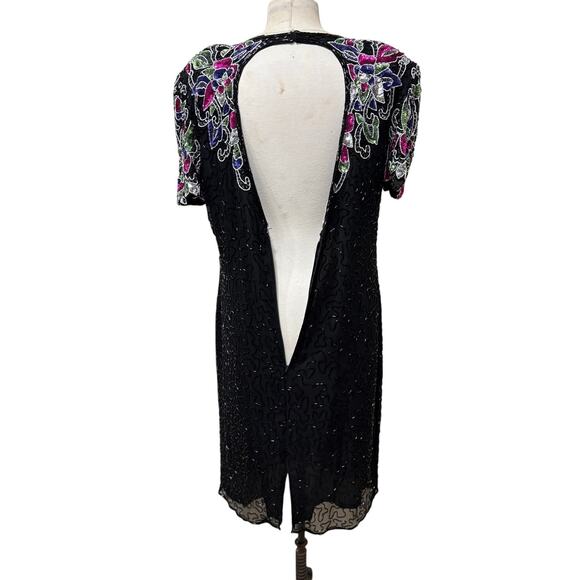 Vintage Black Sequin Beaded Cocktail Dress Floral Short Sleeve 80s/90s Glam Lg - Picture 9 of 11
